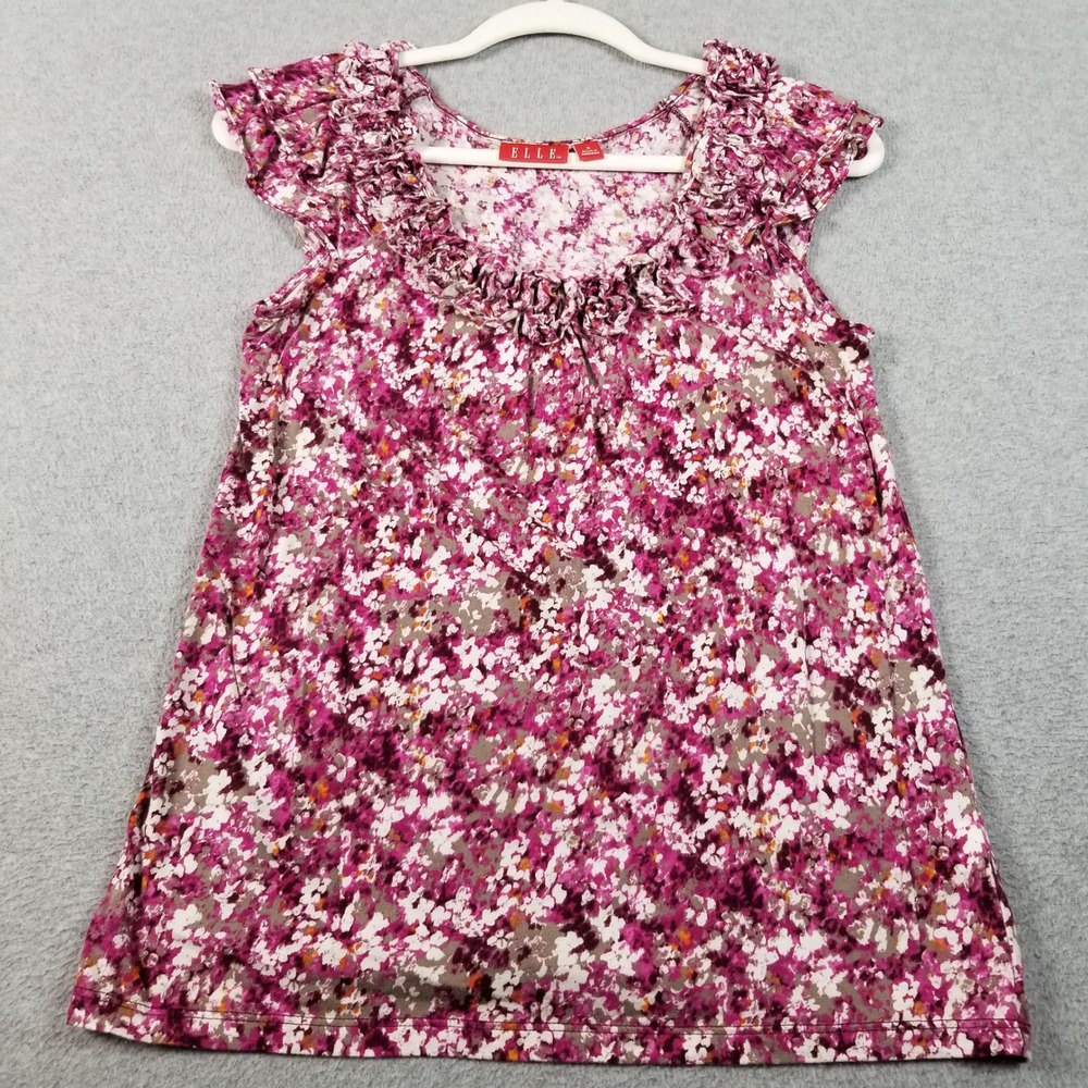 Elle Blouse Women's Small S Floral Ruffle Neck Cap Sleeve Stretch Spring Summer